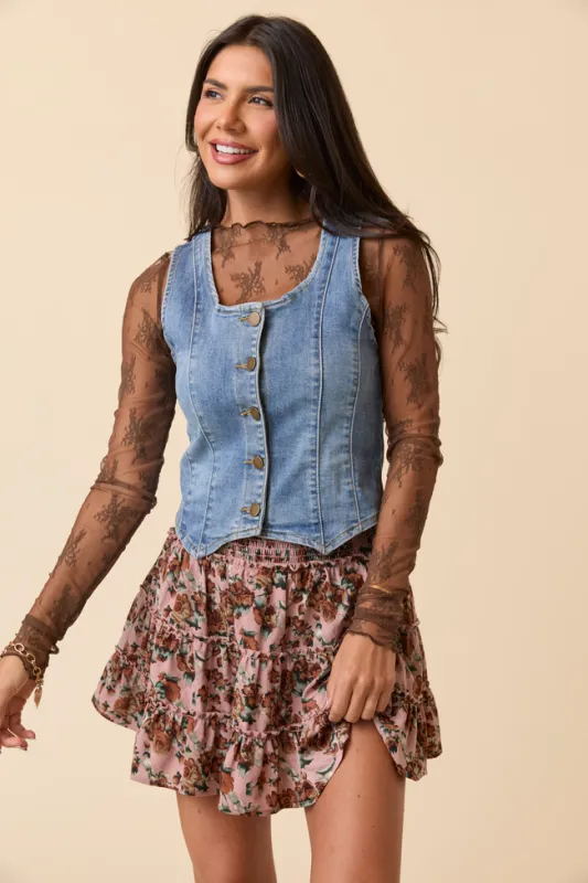 Soraya Brown Mock Neck Lace Layering Blouse sold by Pink Lily