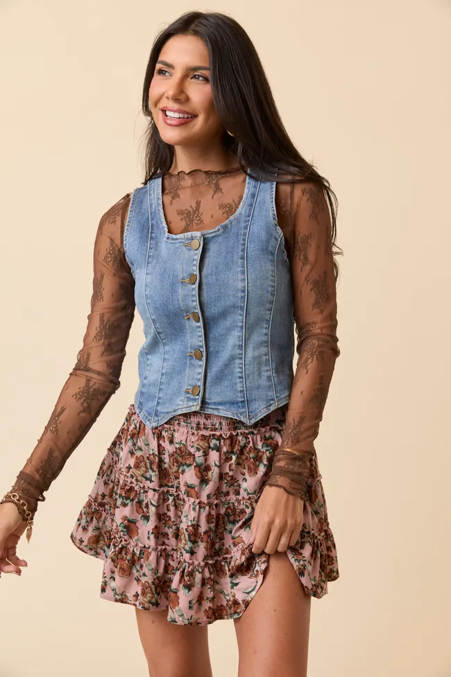 Soraya Brown Mock Neck Lace Layering Blouse FINAL SALE sold by Pink Lily