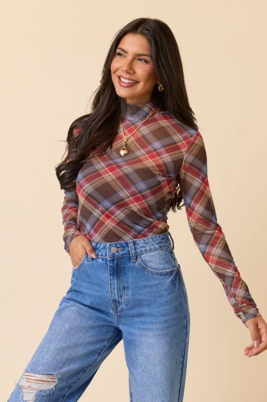 Ansley Long Sleeve Brown Multi Plaid Mock Neck Top SALE sold by Pink Lily
