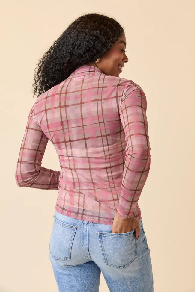Ansley Long Sleeve Pink Plaid Mesh Mock Neck Top FINAL SALE sold by Pink Lily product image thumbnail 5