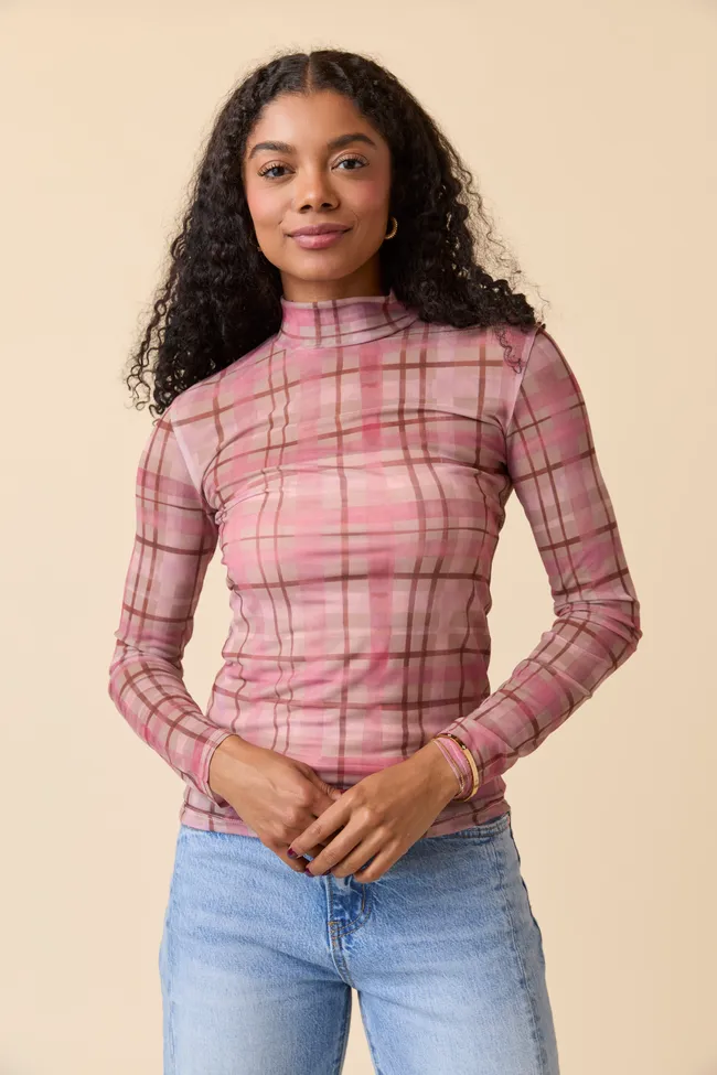 Ansley Long Sleeve Pink Plaid Mesh Mock Neck Top FINAL SALE sold by Pink Lily