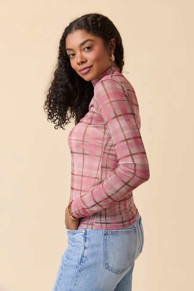 Ansley Long Sleeve Pink Plaid Mesh Mock Neck Top FINAL SALE sold by Pink Lily product image thumbnail 4