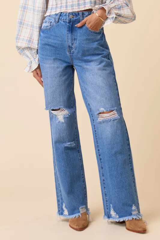 Ariel Medium Wash Distressed Wide Leg Jeans sold by Pink Lily