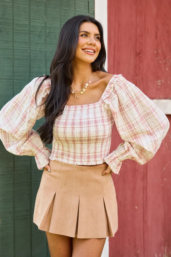 Willow Pink Plaid Smocked Balloon Sleeve Top sold by Pink Lily