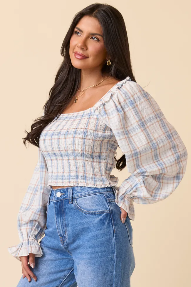 Willow Blue Plaid Smocked Balloon Sleeve Top sold by Pink Lily product image thumbnail 3
