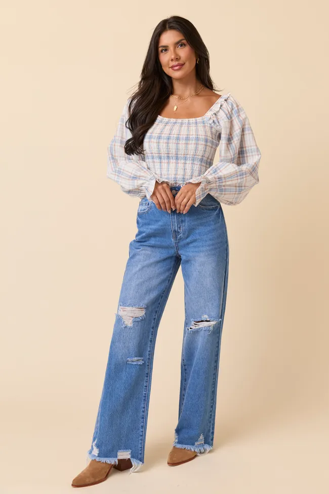 Willow Blue Plaid Smocked Balloon Sleeve Top sold by Pink Lily product image thumbnail 2