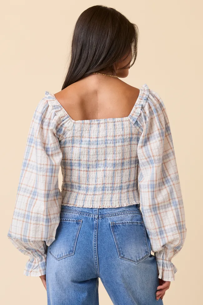 Willow Blue Plaid Smocked Balloon Sleeve Top sold by Pink Lily product image thumbnail 4