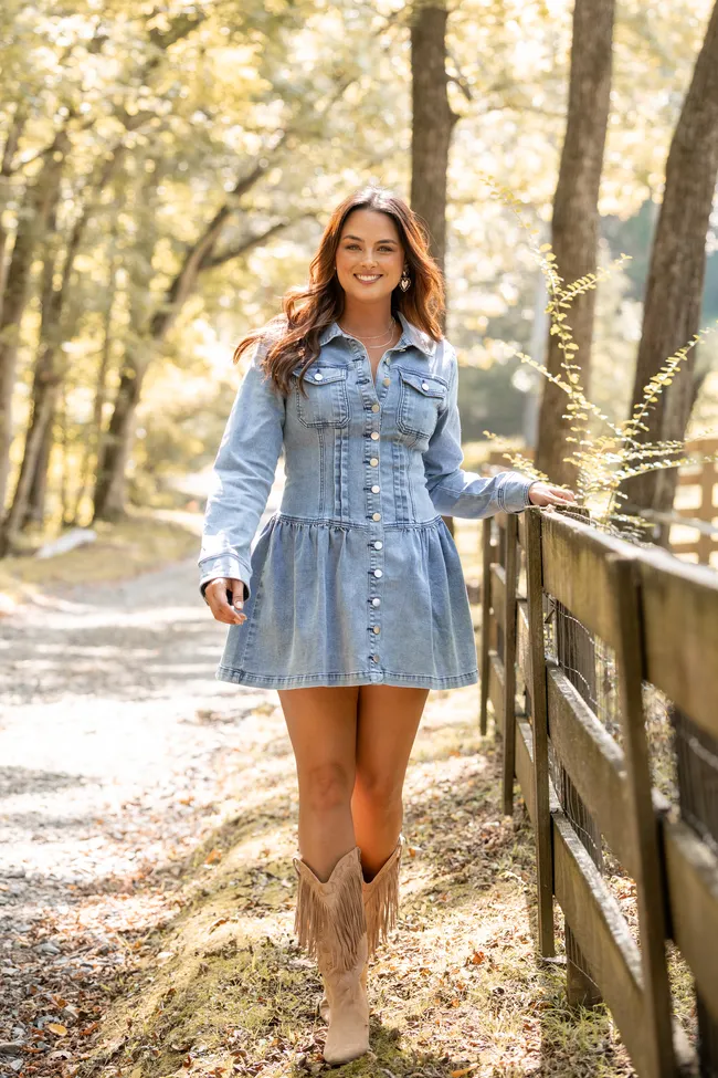 My Favorite Medium Wash Long Sleeve Button Front Mini Dress SALE sold by Pink Lily product image thumbnail 4