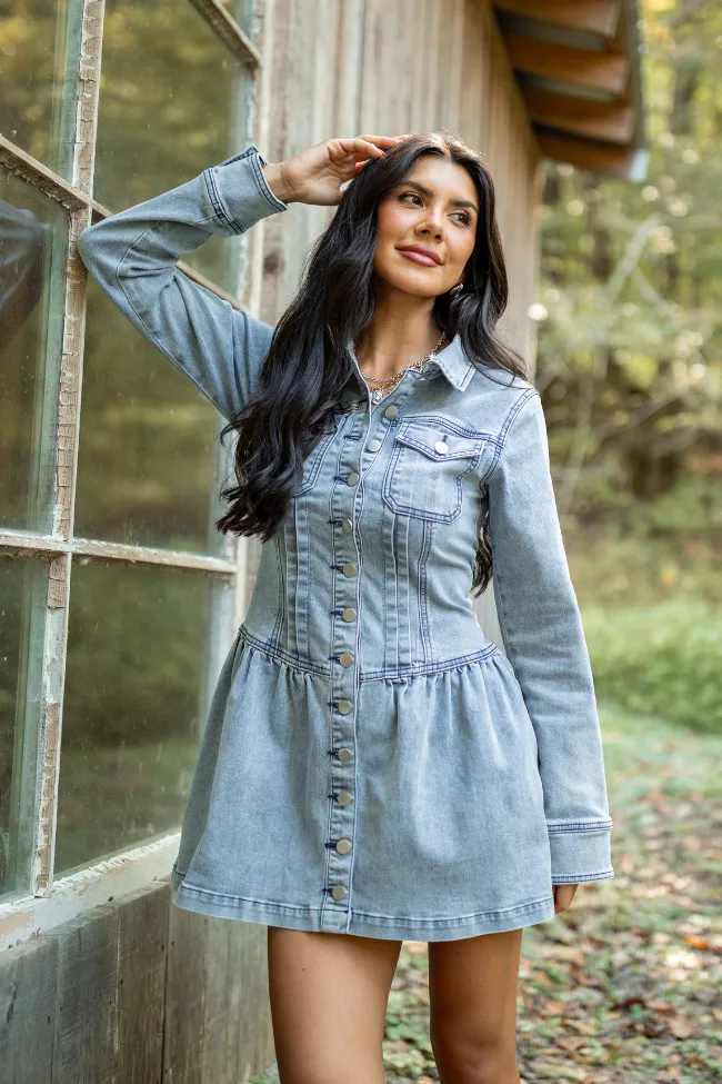 My Favorite Medium Wash Long Sleeve Button Front Mini Dress SALE sold by Pink Lily