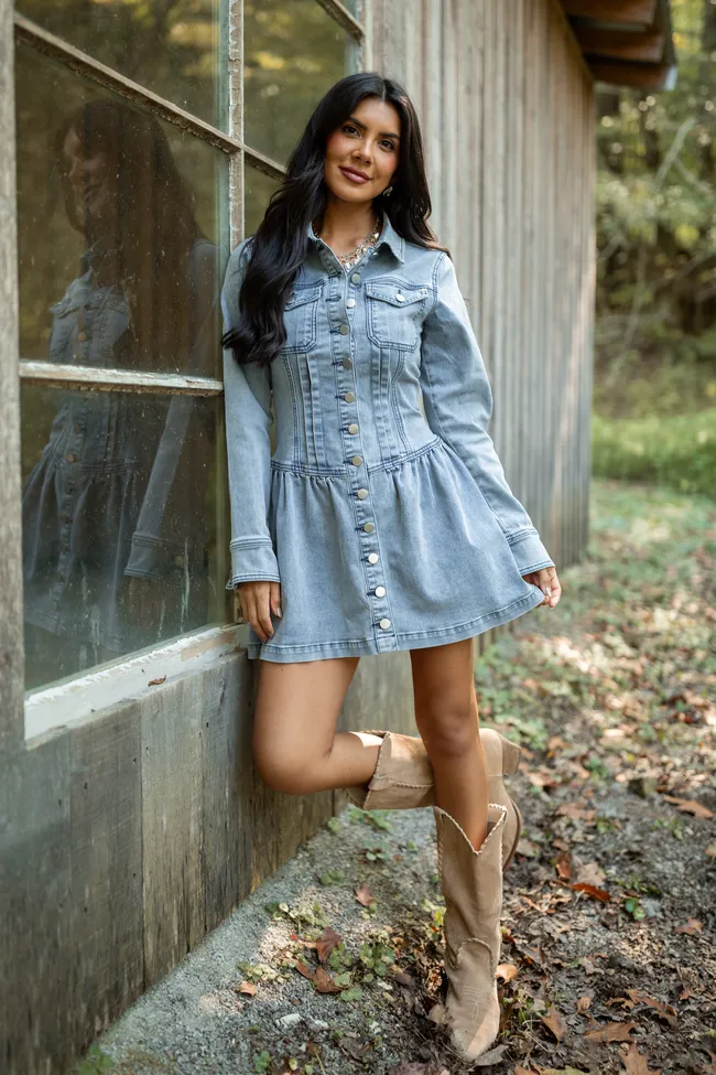 My Favorite Medium Wash Long Sleeve Button Front Mini Dress SALE sold by Pink Lily product image thumbnail 2