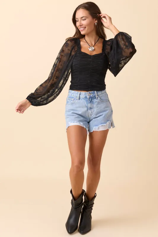 The Lucy Black Floral Mesh Ruched Top SALE sold by Pink Lily