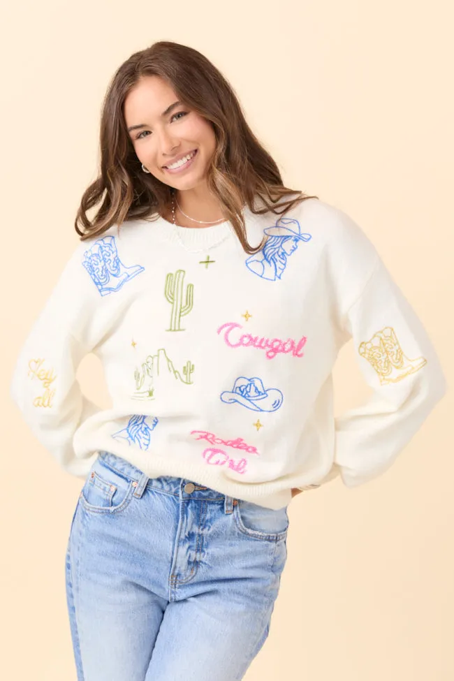 Pretty Cowgirl Cream Western Icon Crewneck Sweater sold by Pink Lily