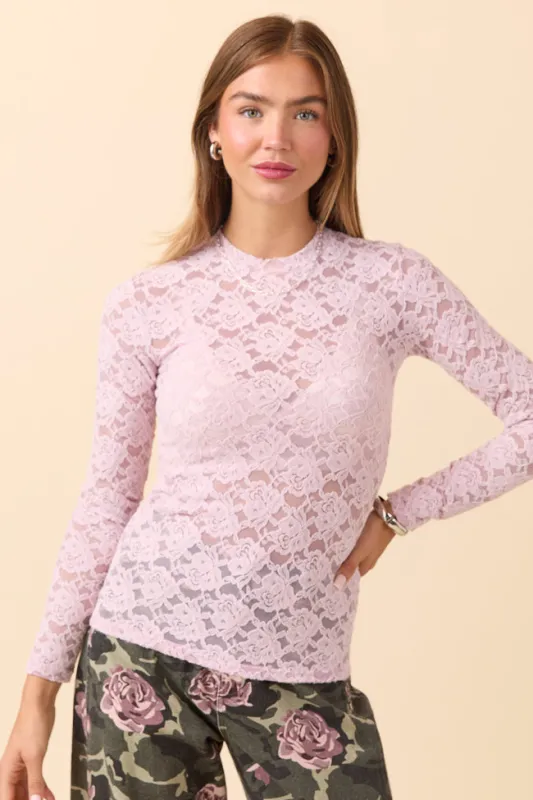 Nicks Long Sleeve Pink Floral Mesh Crewneck Top sold by Pink Lily