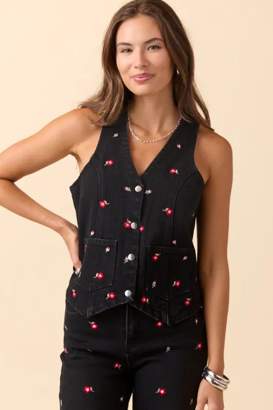 Beneath The Moon Floral Embroidered Stretch Denim Vest SALE sold by Pink Lily