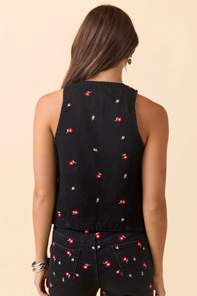 Beneath The Moon Floral Embroidered Stretch Denim Vest SALE sold by Pink Lily product image thumbnail 4