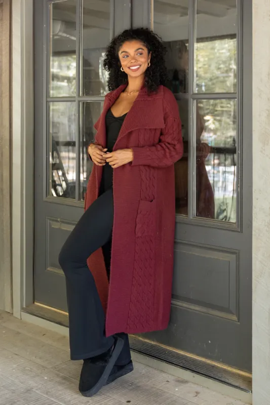 Keegan Burgundy Cable Knit Duster Cardigan SALE sold by Pink Lily