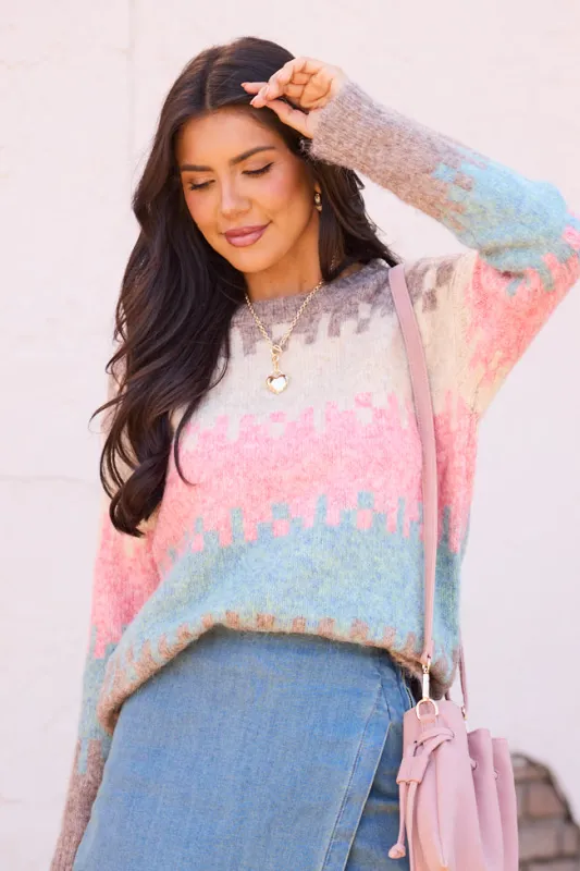 Indie Pink Blue And Taupe Geo Stripe Sweater sold by Pink Lily