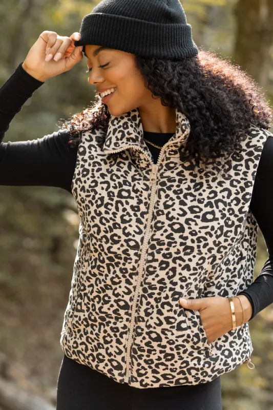 Everett Khaki Multi Leopard Puffer Vest sold by Pink Lily