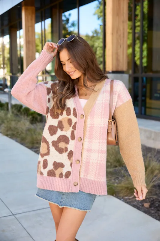 Maleah Pink Plaid And Animal Print Cardigan sold by Pink Lily
