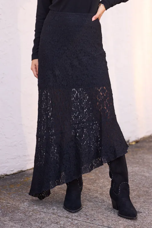 Selene Black Lace Asymmetric Maxi Skirt sold by Pink Lily