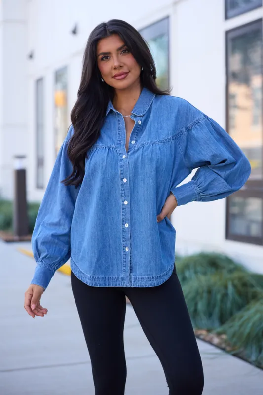 Lucky Denim Tiered Long Sleeve Top sold by Pink Lily