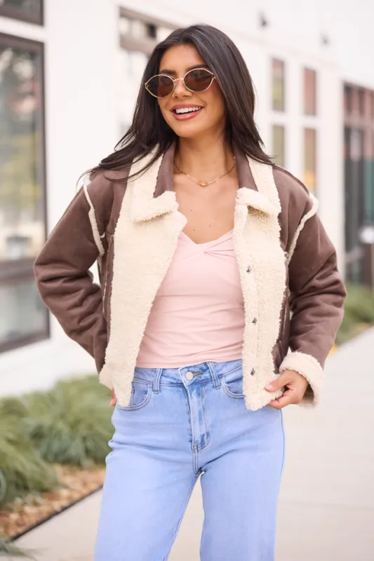 Orion Brown Reversible Faux Suede Jacket sold by Pink Lily