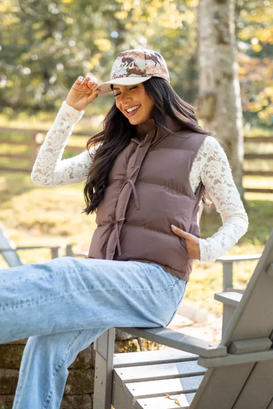 Liberty Brown Bow Puffer Vest sold by Pink Lily