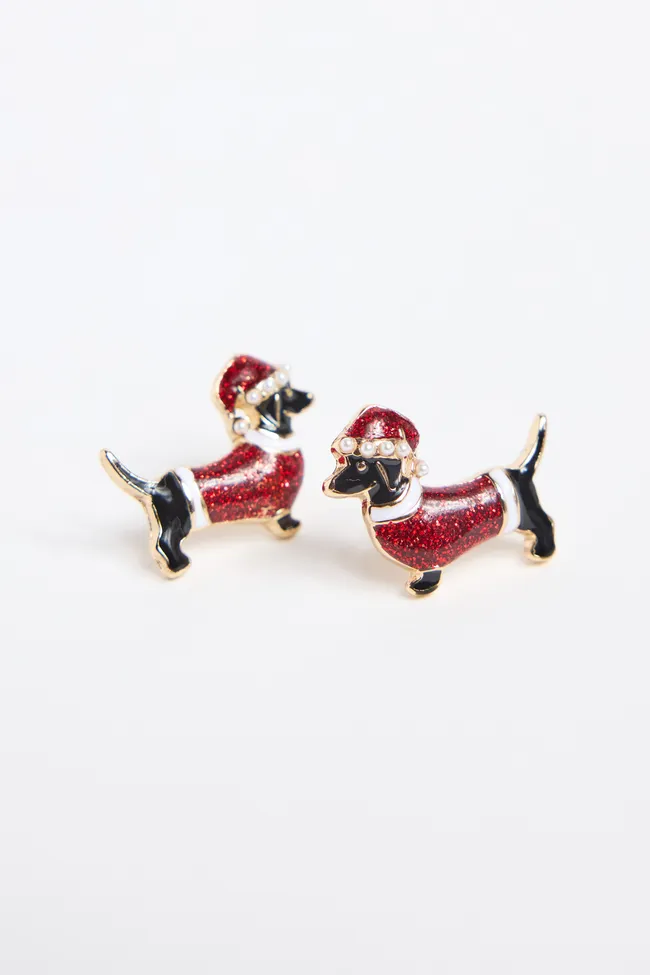 Santa Weiner Dog Earrings sold by Pink Lily