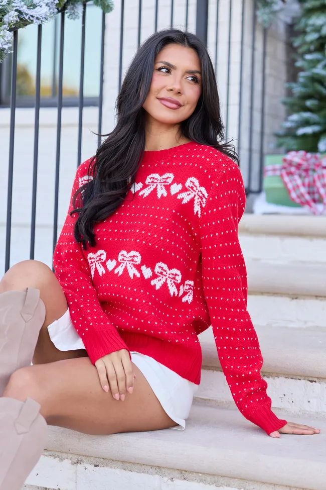 Grace Red And White Fair Isle Bow Holiday Crewneck Sweater SALE sold by Pink Lily
