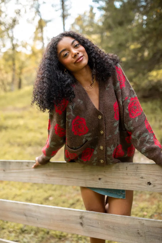 Britney Brown Rose Cardigan sold by Pink Lily
