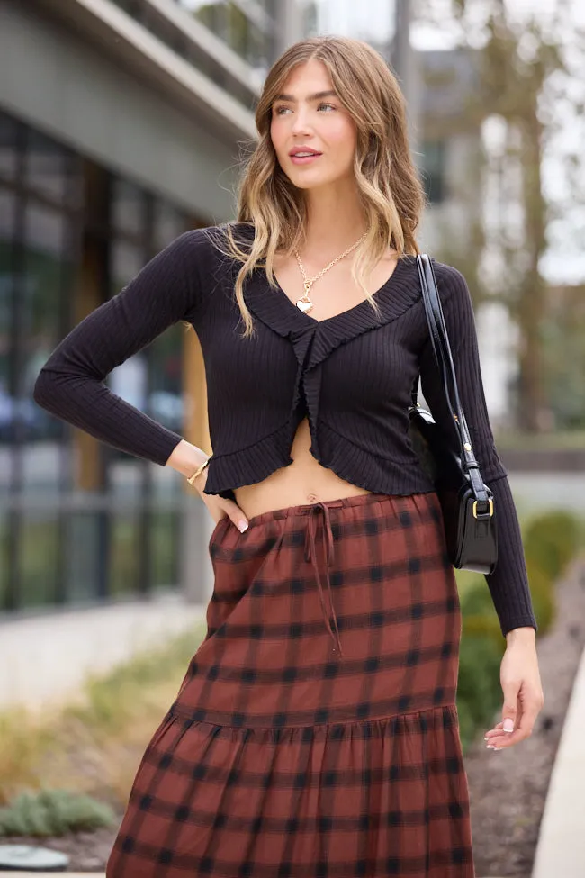 Linda Black Ruffled Neckline Long Sleeve Knit Top sold by Pink Lily