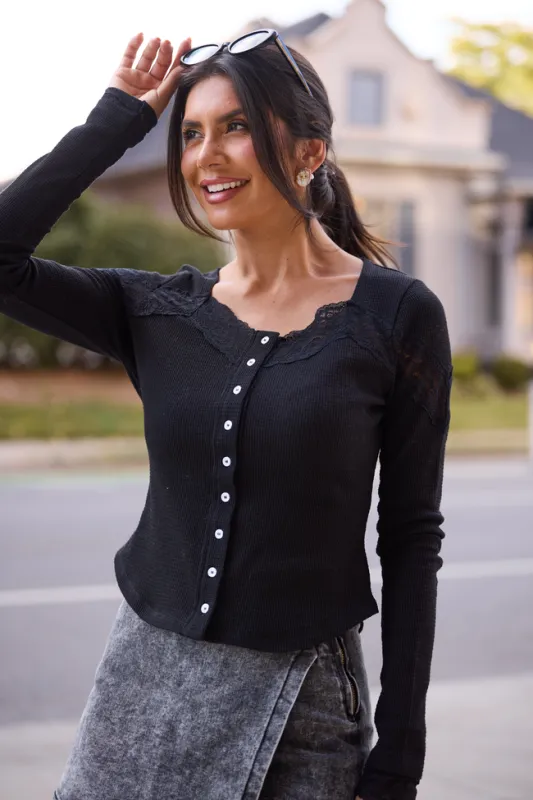 Deisa Black Lace Trim Long Sleeve Waffle Knit Top sold by Pink Lily
