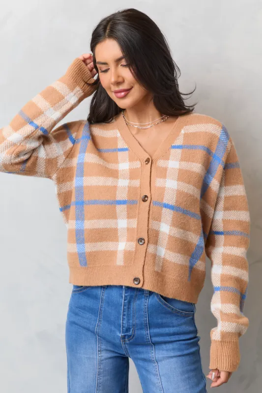 Sheila Brown Multi Plaid Cropped Cardigan sold by Pink Lily