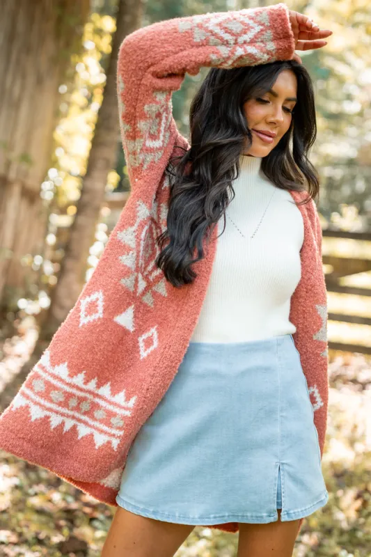 Traci Boucle Coral Southwestern Print Cardigan sold by Pink Lily