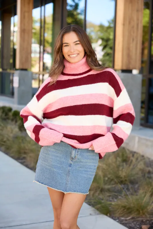 Shaylee Pink And Berry Stripe Turtleneck Sweater sold by Pink Lily