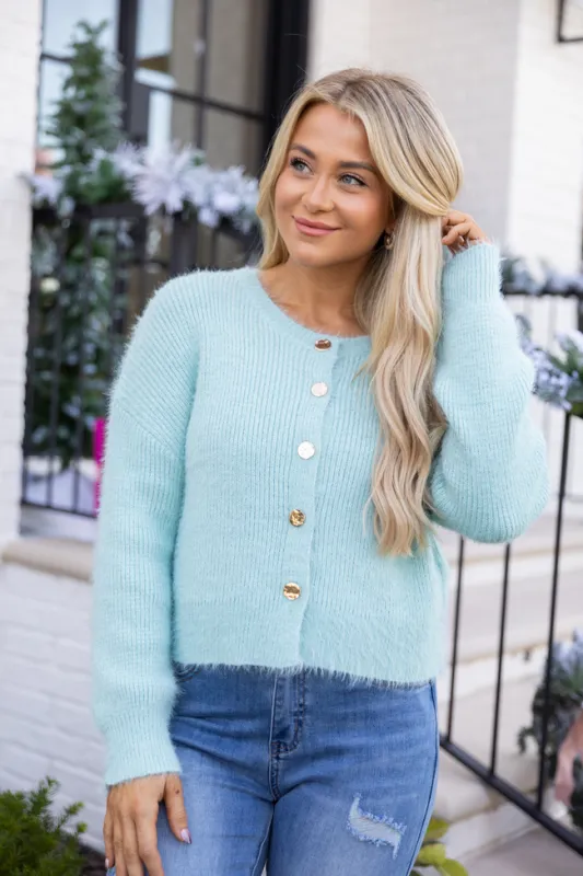 Teddy Mint Fuzzy Cardigan sold by Pink Lily