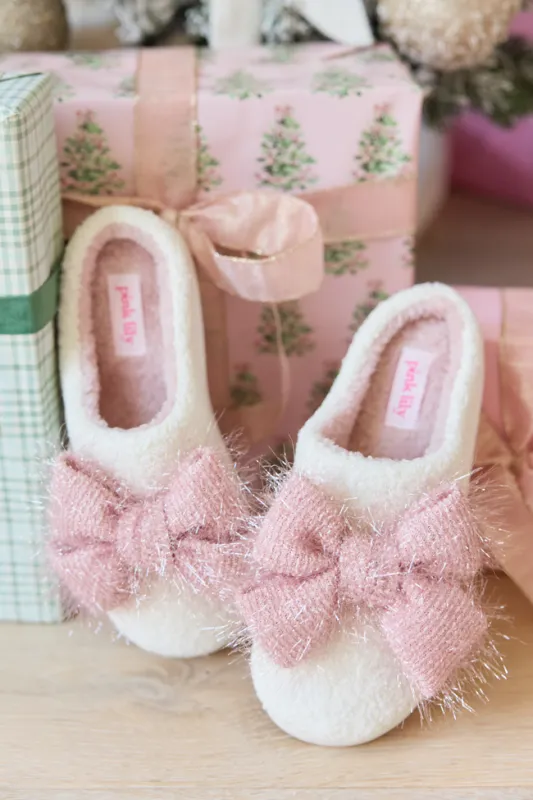 Cozi Pink Tinsel Bow Shearling Slippers SALE sold by Pink Lily