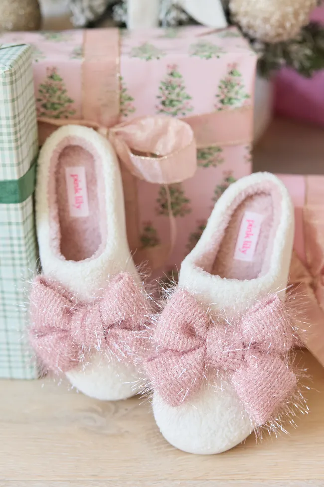 Cozi Pink Tinsel Bow Shearling Slippers FINAL SALE sold by Pink Lily