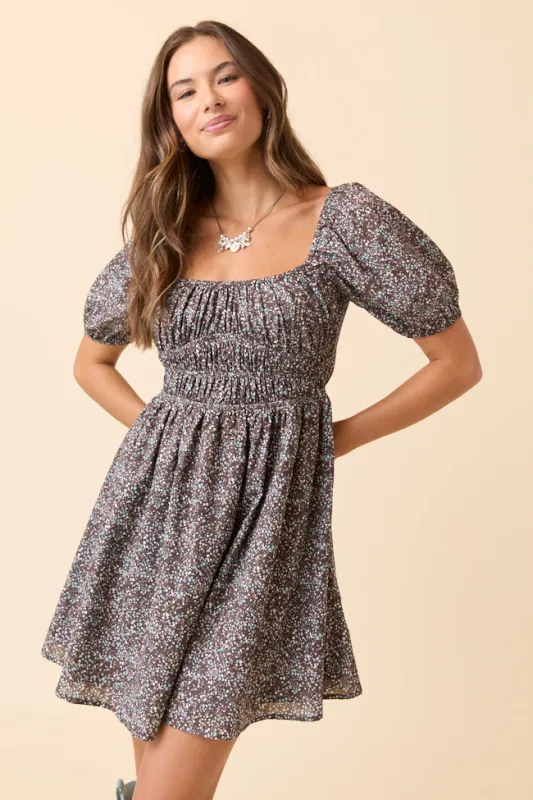 Evangeline Brown Floral Mini Dress sold by Pink Lily