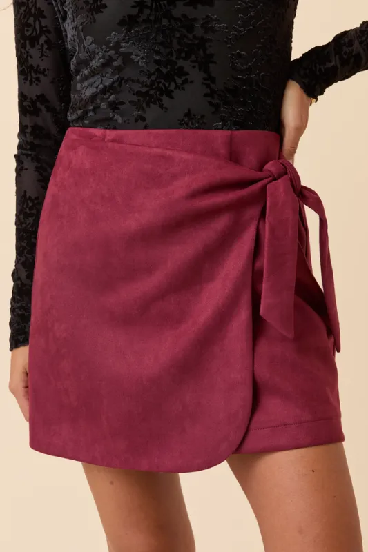 Elena Wine Faux Leather Wrap Skirt sold by Pink Lily