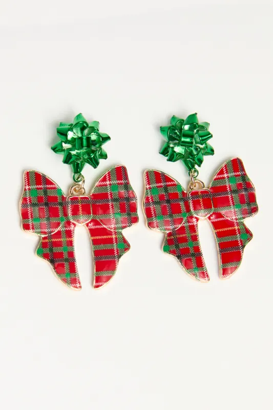 Wynter Red Plaid Bow Earrings sold by Pink Lily