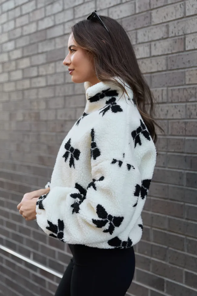 Esme White & Black Bow Sherpa Zip Up Jacket sold by Pink Lily product image thumbnail 3