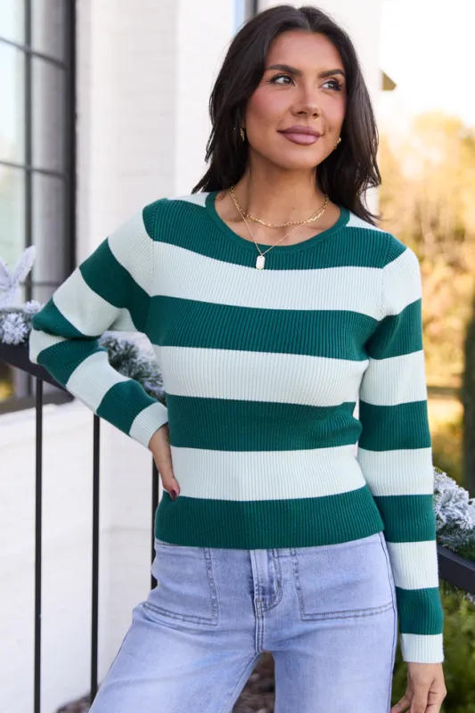 Brandy Green Striped Fitted Crewneck Sweater sold by Pink Lily