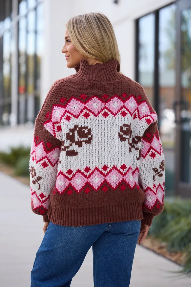 Ariana Brown And Pink Rose Fair Isle Full Zip Sweater SALE sold by Pink Lily product image thumbnail 5