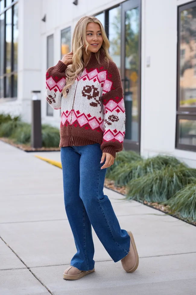 Ariana Brown And Pink Rose Fair Isle Full Zip Sweater SALE sold by Pink Lily product image thumbnail 2