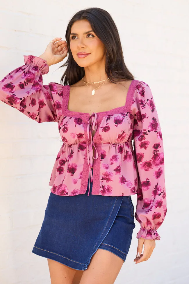 Adrienne Pink Floral Lace Trim Tie Top FINAL SALE sold by Pink Lily