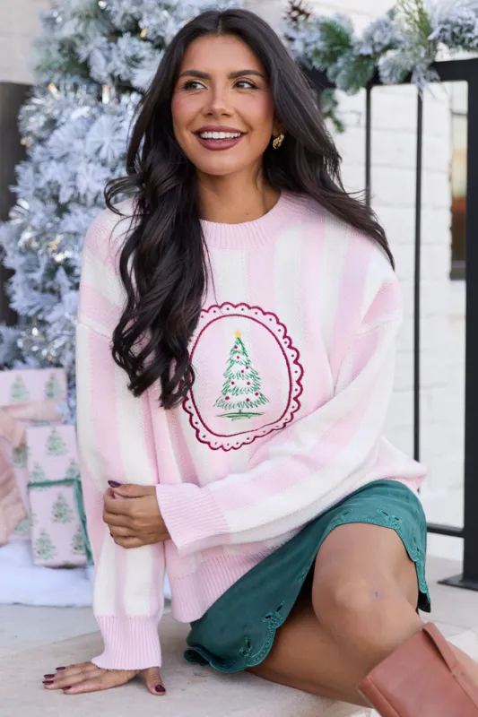 Chelly Pink Stripe Christmas Tree Crewneck Sweater SALE sold by Pink Lily