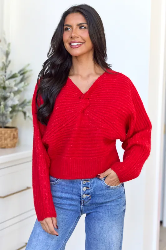 Gisele Front Twist Heathered Red Sweater sold by Pink Lily