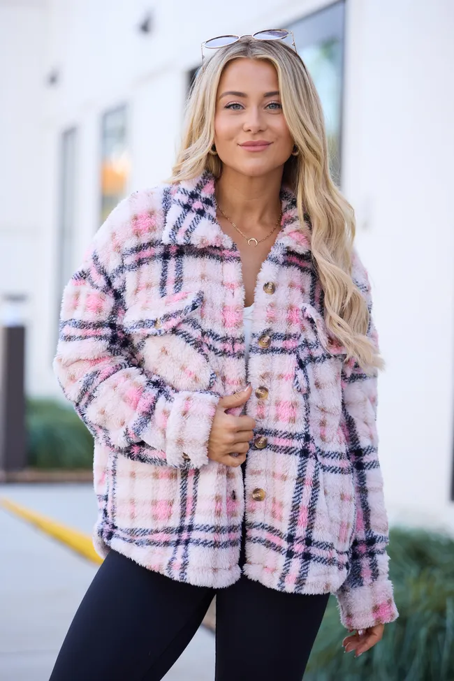 Didi Pink Plaid Sherpa Button Up Shacket FINAL SALE sold by Pink Lily product image thumbnail 3