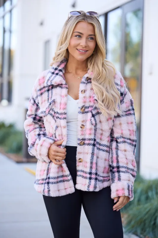 Didi Pink Plaid Sherpa Button Up Shacket sold by Pink Lily